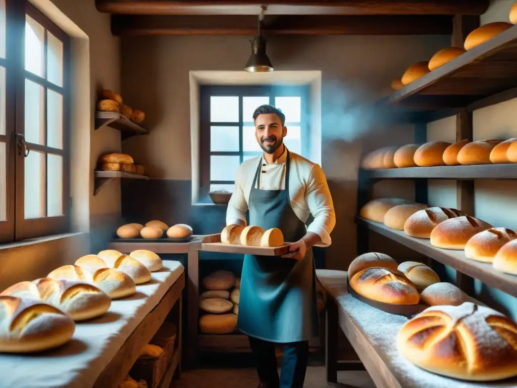 Un antiguo horno de pan italiano con panadero en traje tradicional, creando una atmósfera nostálgica que evoca la historia del pan en Italia