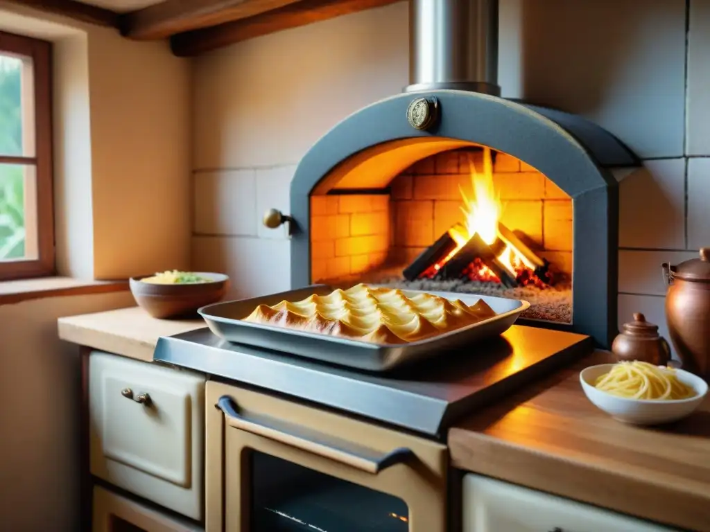 Antiguo horno de piedra con mosaico de azulejos, escena de historia pasta horno tradicional en cocina rústica iluminada por el sol