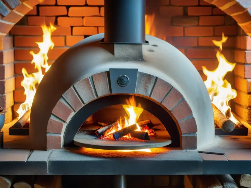 Antiguo horno de pizza italiano con fuego ardiente, reflejando las tradicionales técnicas de cocción italiana modernas