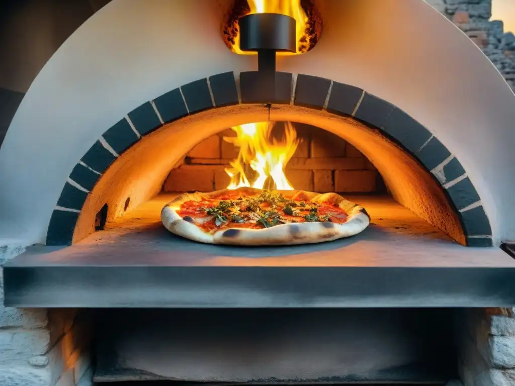 Antiguo horno de pizza en Nápoles con llamas bailando alrededor, creando contraste entre ladrillos antiguos y bordes carbonizados