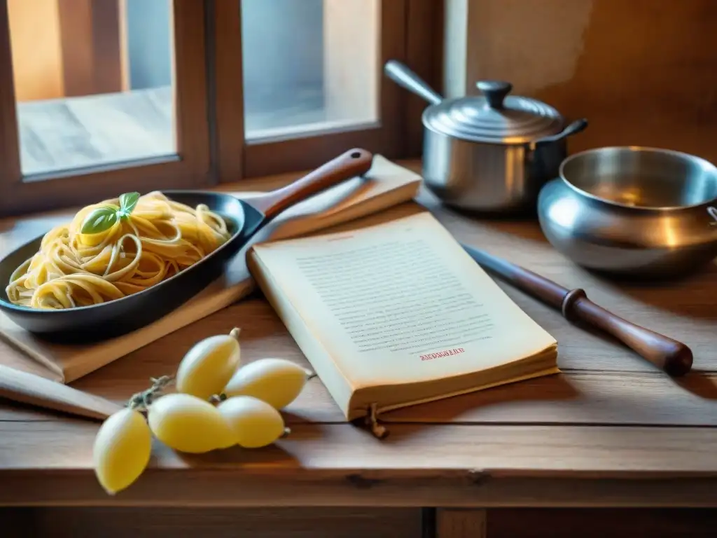 Un antiguo libro de cocina italiana con utensilios vintage en una mesa rústica iluminada por luz natural