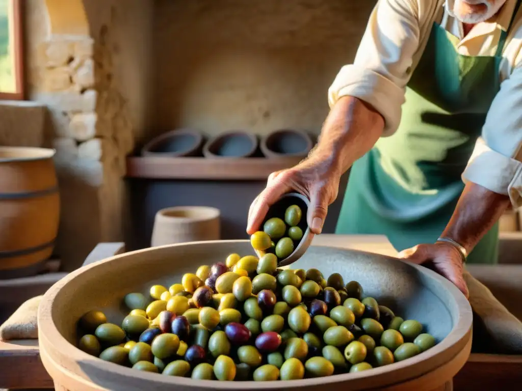 Antiguo molino de aceite en Italia con el mejor método para extracción aceite oliva, artesano cuidando el proceso de prensado de olivas doradas