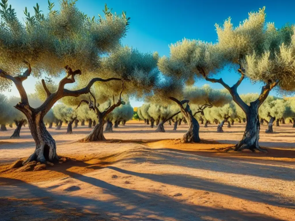 Antiguo olivar en España con olivos retorcidos cargados de aceitunas maduras, bajo un cielo azul vibrante