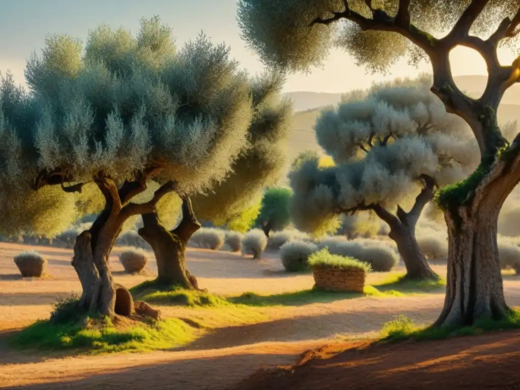 Un antiguo olivar en la Toscana al atardecer, con olivos centenarios y una casa de piedra