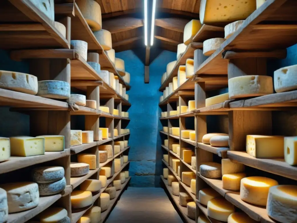 Quesería histórica: ruedas de Gorgonzola en bodega italiana Un antiguo sótano italiano con quesos Gorgonzola envejecidos en estantes de madera, comparativa gorgonzola roquefort quesos azules