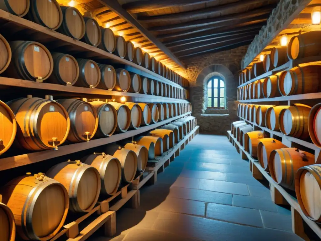 Antigua bodega de vinagre: tradición italiana en barriles de madera Antiguo almacén de vinagre italiano con barriles de diferentes tipos en la tenue luz, resaltando la tradición