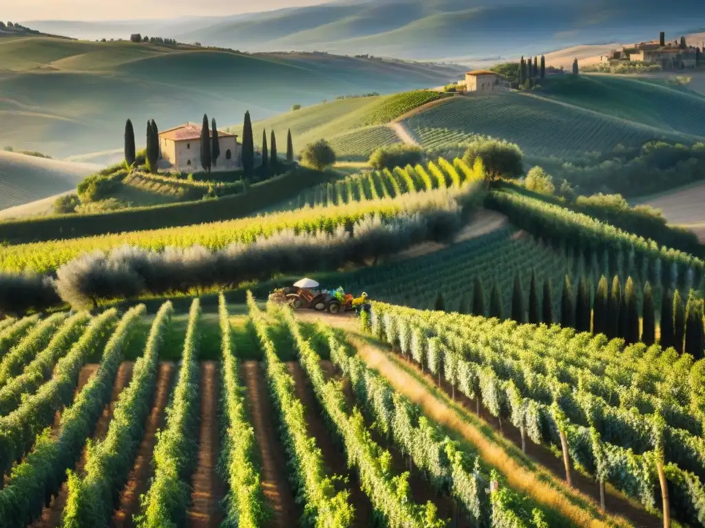 Un apacible atardecer en la Toscana con viñedos y olivares, donde un agricultor italiano cuida con orgullo sus cultivos