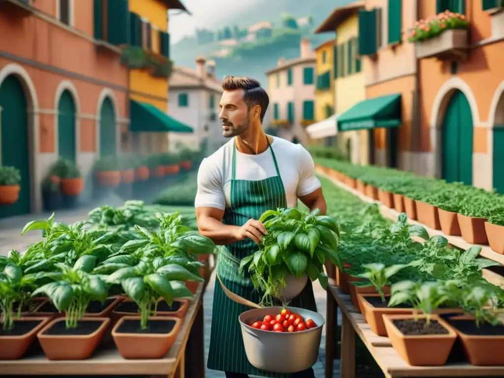 Un apacible huerto urbano en Italia: tomates, albahaca y ajíes bajo el sol mediterráneo