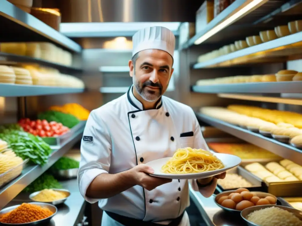 Un apasionado chef italiano preparando comida rápida italiana saludable en una bulliciosa cocina