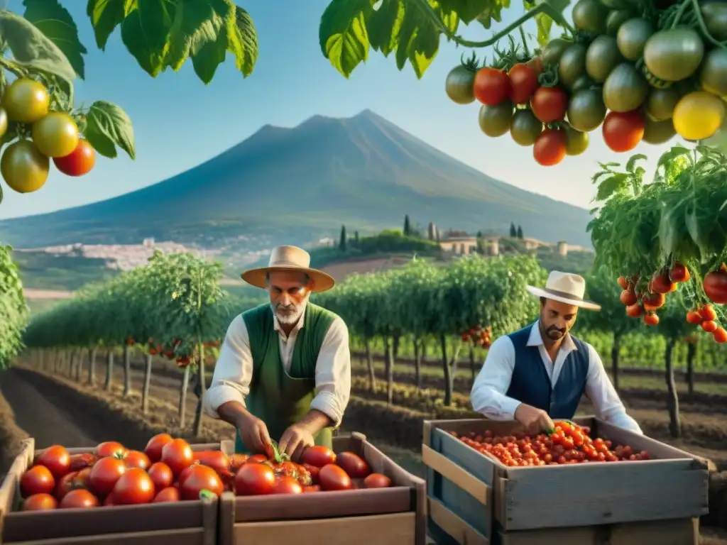 Apasionados agricultores italianos cosechando tomates San Marzano bajo el sol mediterráneo