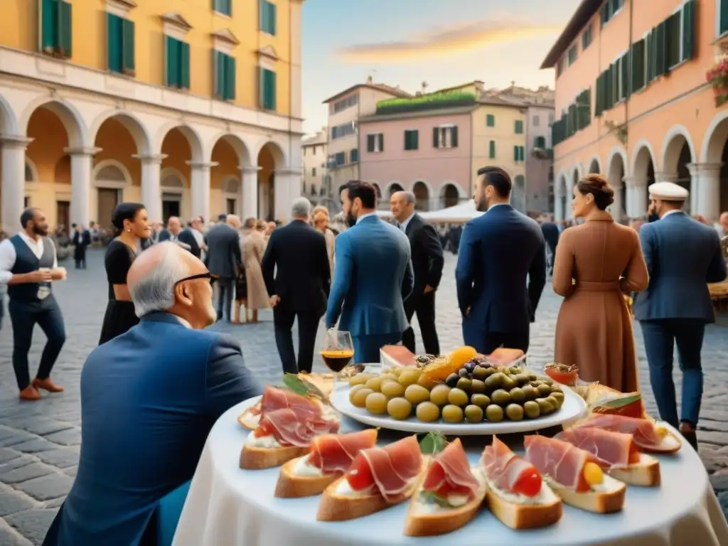 Disfrutando del aperitivo en una animada plaza italiana al atardecer