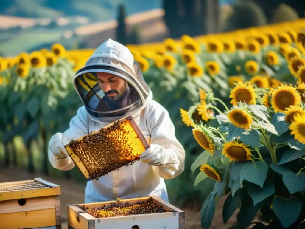 Apicultor italiano recolectando miel en Toscana entre girasoles y olivos, fermentación de miel en Italia