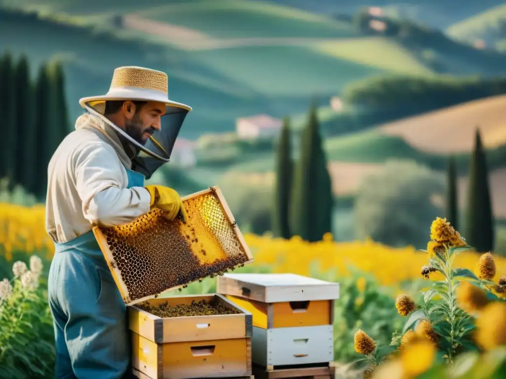 Un apicultor italiano tradicional cuidando colmenas, recolectando miel dorada en la fermentación de miel en Italia