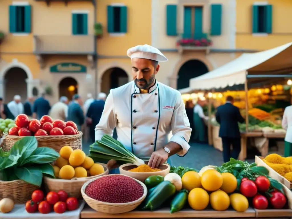 Aplicaciones móviles de cocina italiana: Mercado italiano bullicioso con productos frescos y coloridas especias