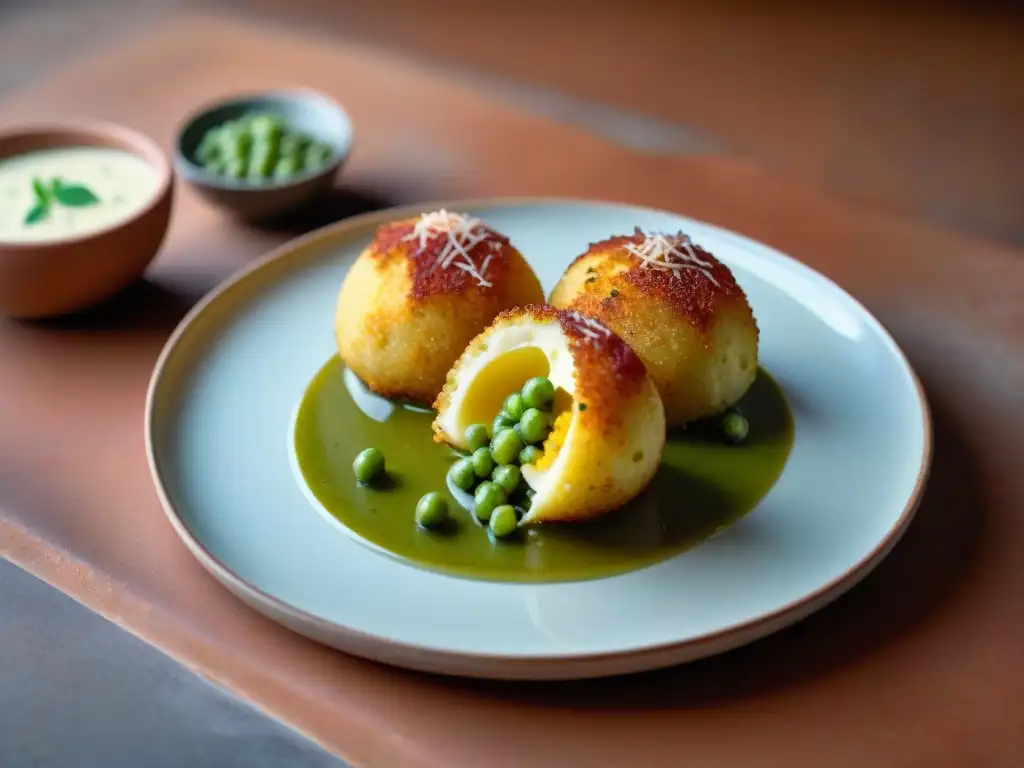 Arancini siciliano moderno: crujiente y cremoso Un arancini siciliano evolucionado, relleno de risotto cremoso con azafrán, guisantes, mozzarella, prosciutto, pesto y queso ParmigianoReggiano