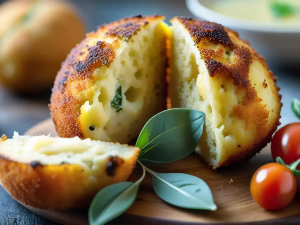 Delicioso arancini siciliano con queso fundido y crujiente dorado Arancini siciliano evolución recetas tendencias: Delicioso arancini recién frito con crujiente dorado exterior y relleno de queso derretido