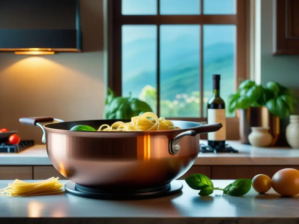 Armonía entre tradición y modernidad en una cocina italiana con gabinetes de madera, ollas de cobre y encimera de mármol