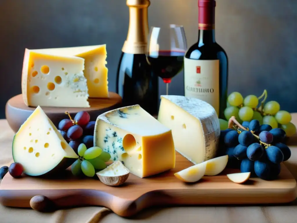 Armonía perfecta: Maridaje vinos quesos italianos en una tabla rústica con Parmigiano Reggiano, Gorgonzola y Pecorino Romano