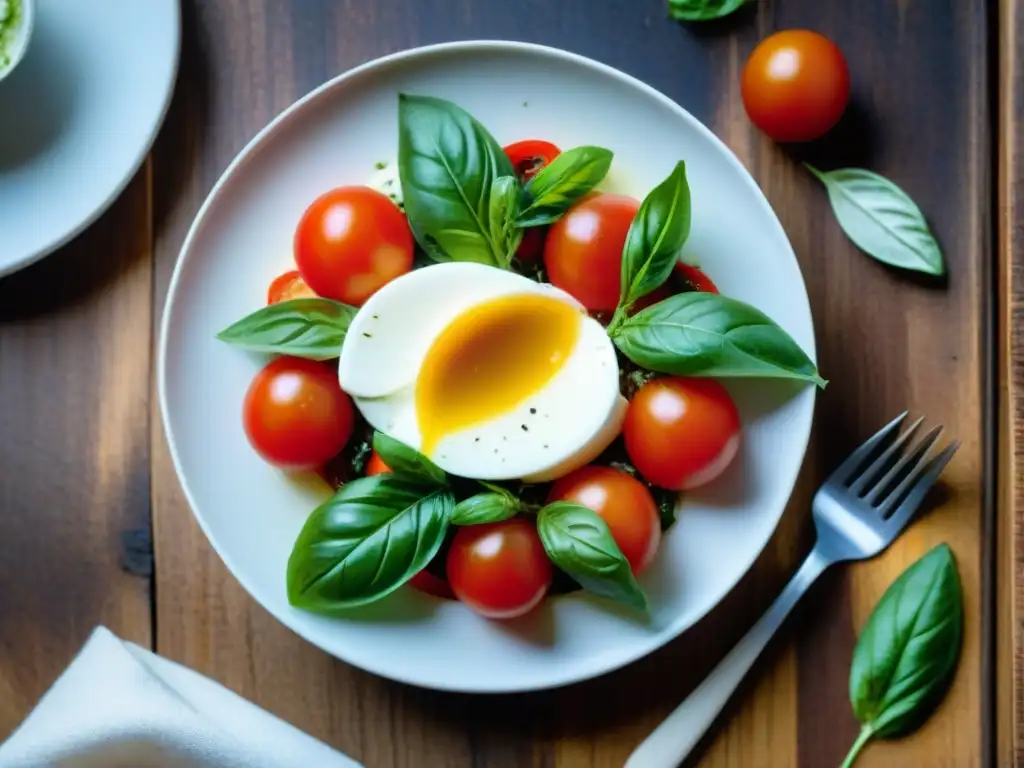 Armonía de sabores y colores en una deliciosa ensalada Caprese en una mesa de madera rústica, evocando la cocina italiana