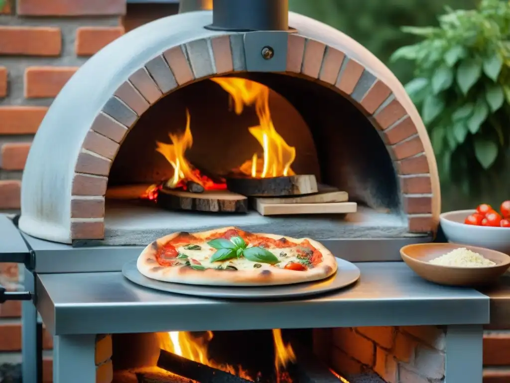 Aroma de leña en cocina italiana: horno de pizza rústico con llamas, pizza casera y hierbas frescas