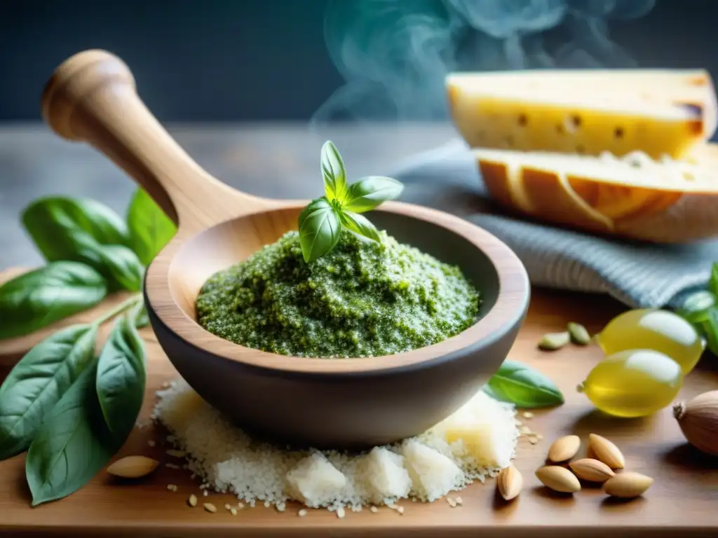 El aroma del Pesto Genovese se fusiona en un mortero con albahaca fresca, piñones, ajo, queso parmesano y aceite de oliva, en una receta auténtica pesto genovese