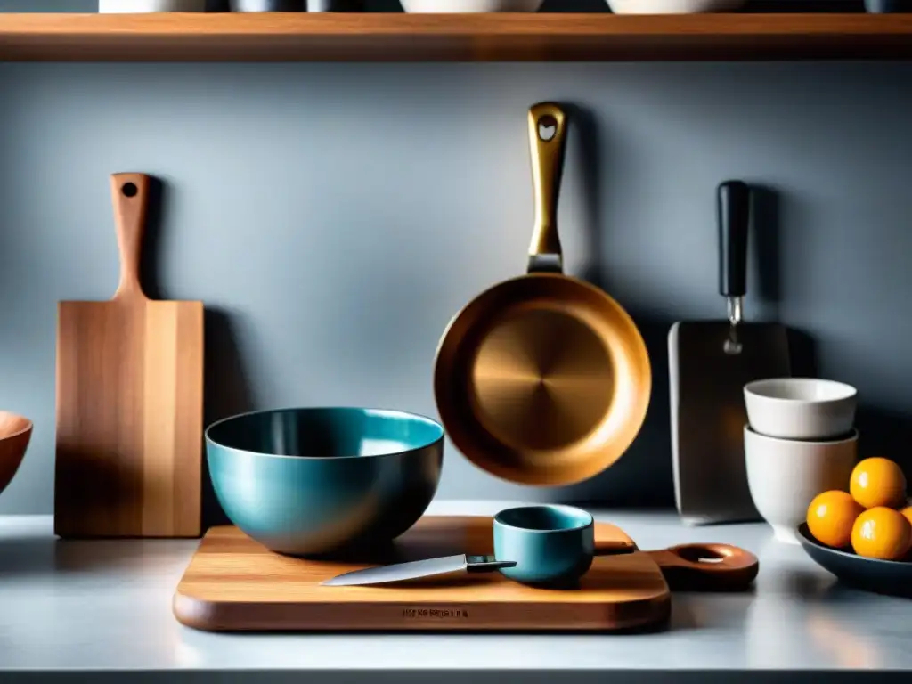 Arreglo perfecto de herramientas de cocina minimalista italiana: cuchillos de acero, tabla de madera, cafetera y cuencos de cerámica