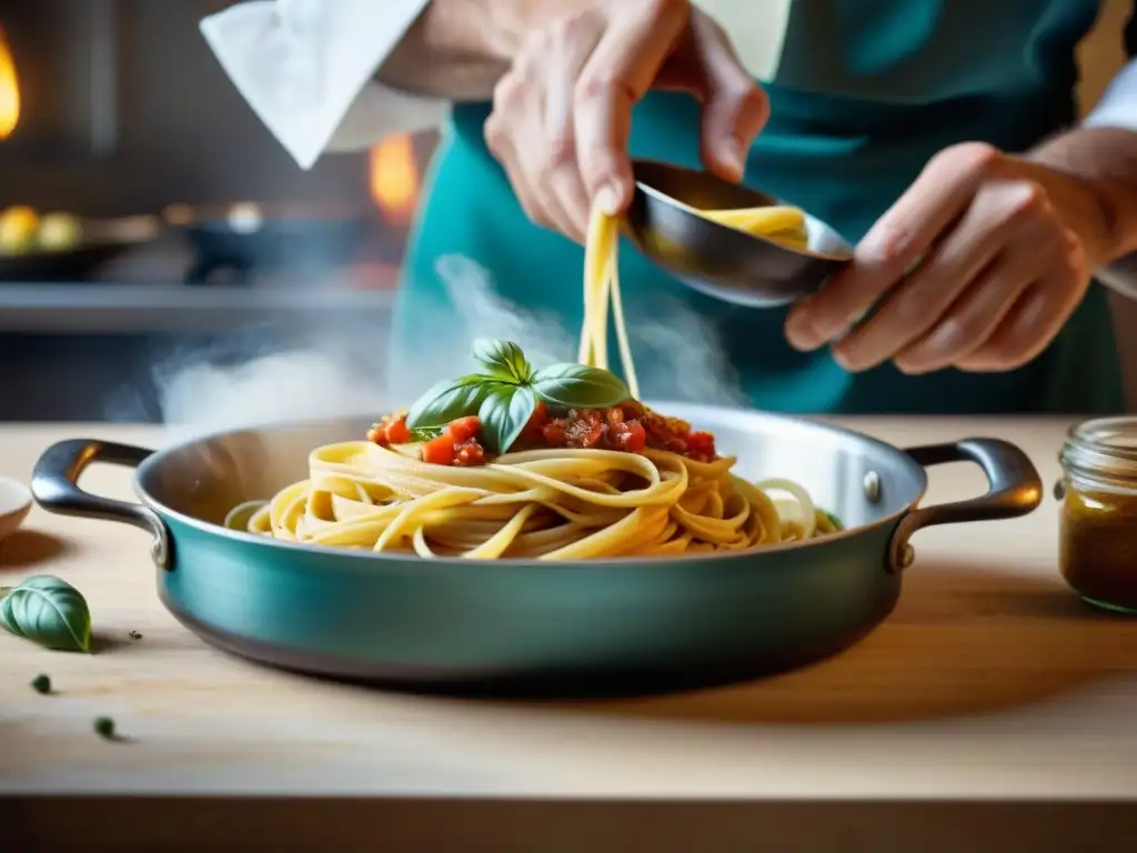 Arte culinario italiano: chef experto preparando pasta fresca en cocina rústica