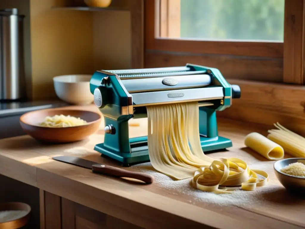 Arte culinario: manos expertas elaboran fettuccine caseros con la mejor máquina de pasta para aficionados, en una escena iluminada por la luz natural