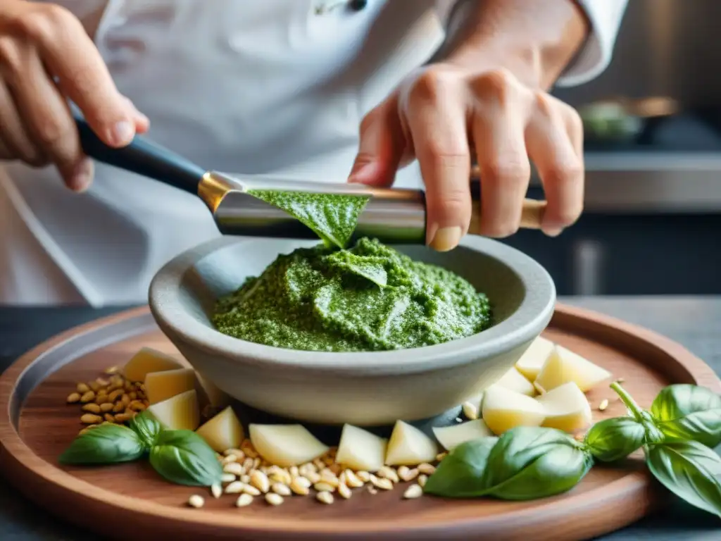 El arte culinario del Pesto Genovese: Origen y receta del Pesto con ingredientes frescos siendo majados por un chef