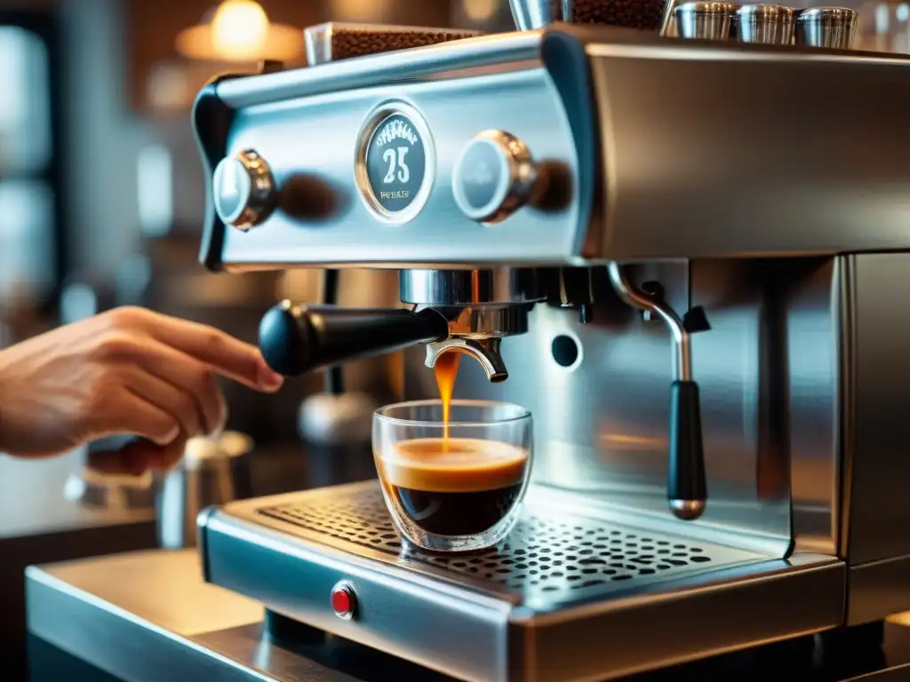 El arte del espresso italiano: Imagen detallada de un barista preparando el espresso perfecto en una cafetería tradicional italiana