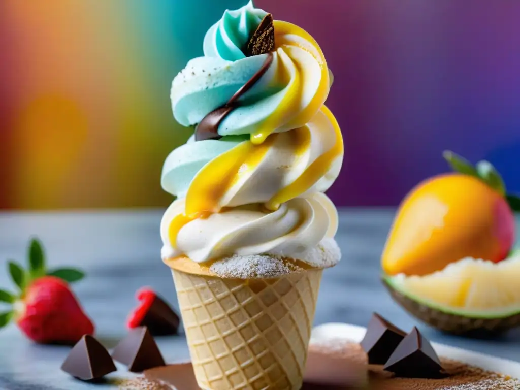 El arte de hacer gelato: Un heladero experto crea con destreza un exquisito helado con frutas frescas y chocolate