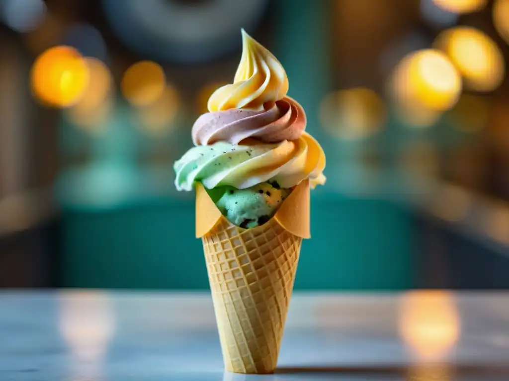 El arte de hacer gelato: Heladero experto creando con precisión conos de gelato y sabores vibrantes al fondo