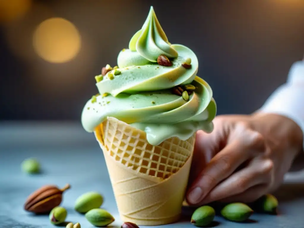 El arte de hacer gelato: Maestro preparando pistacho cremoso en cono artesanal