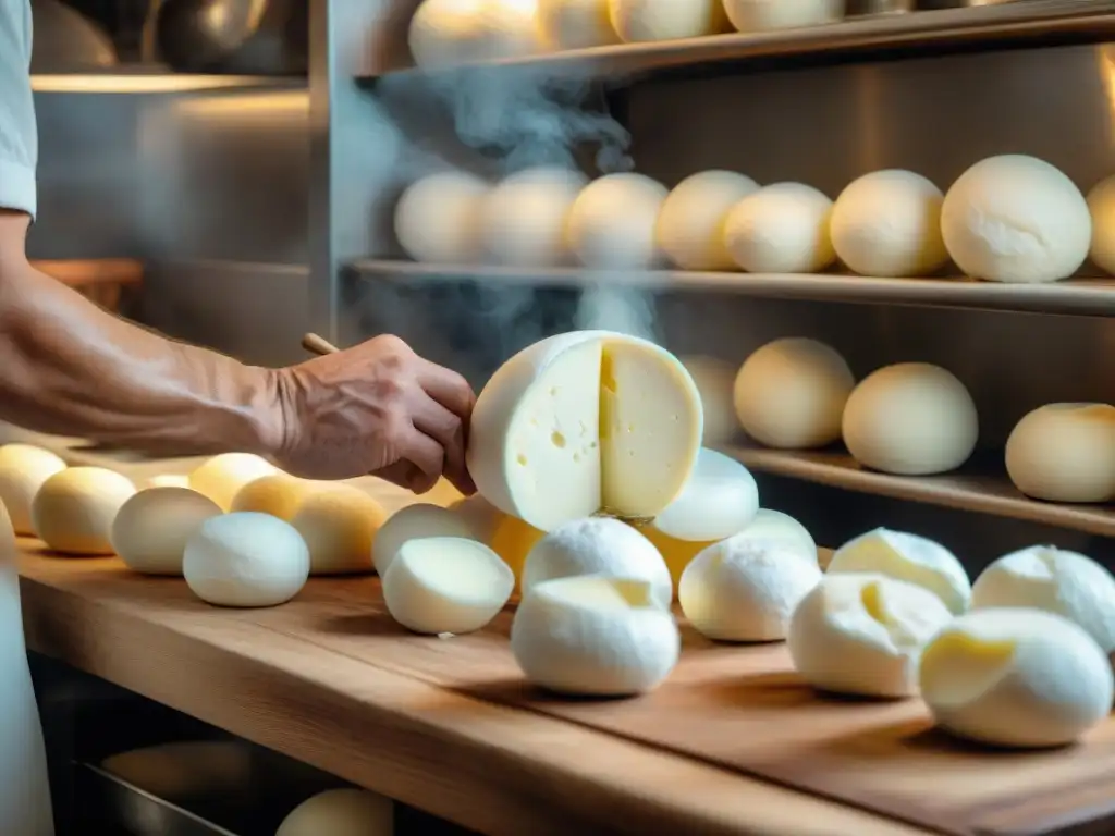 Arte italiano: manos expertas moldeando mozzarella fresca con técnicas de fermentación quesos italianos