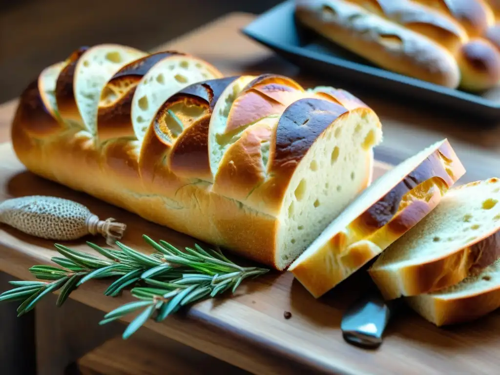 Arte panadero italiano en una mesa de madera rústica con panes como ciabatta y focaccia, acompañados de aceite y vinagre