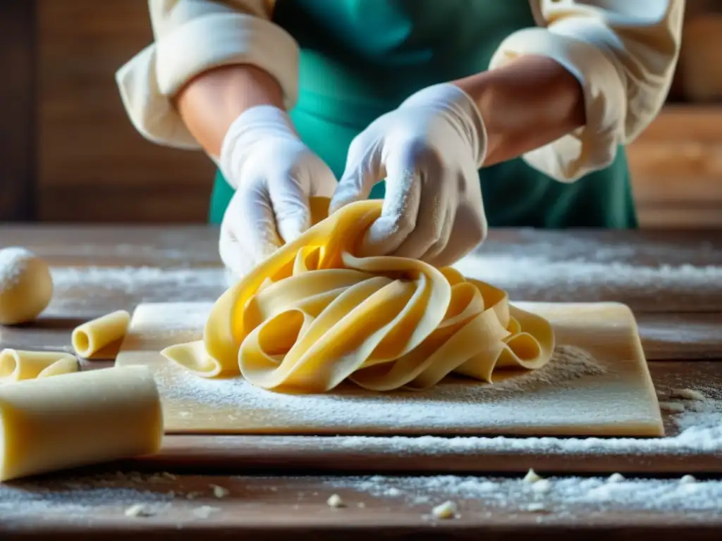 El arte de la pasta artesanal italiana paso a paso: manos expertas amasando masa fresca en una superficie de madera rústica