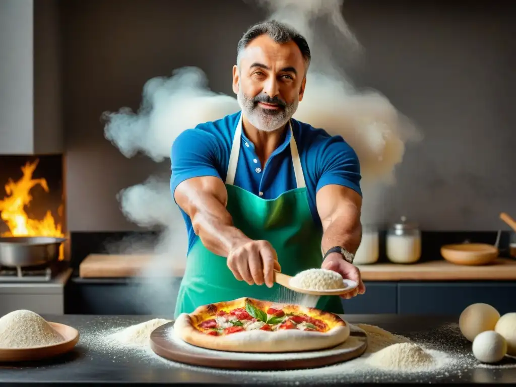 Gabriele Bonci arte pizza visionario: Expertamente lanzando masa al aire con expresión concentrada, en ambiente dinámico y cautivador