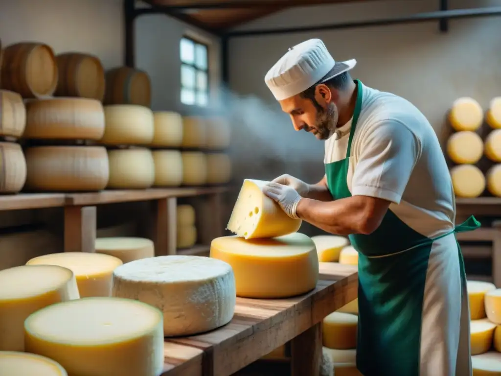 El arte de hacer queso Pecorino Romano en una fábrica italiana tradicional, con artesanos y barriles de madera