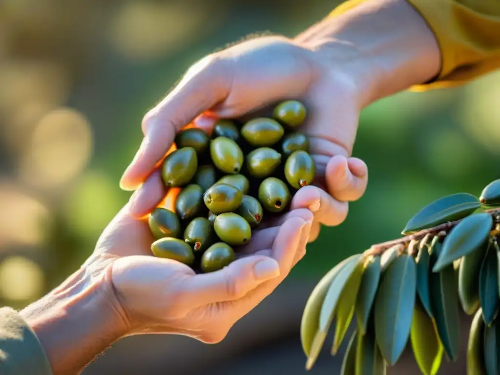 Extracción artesanal de aceite de oliva premium en manos de agricultor experto bajo el sol mediterráneo