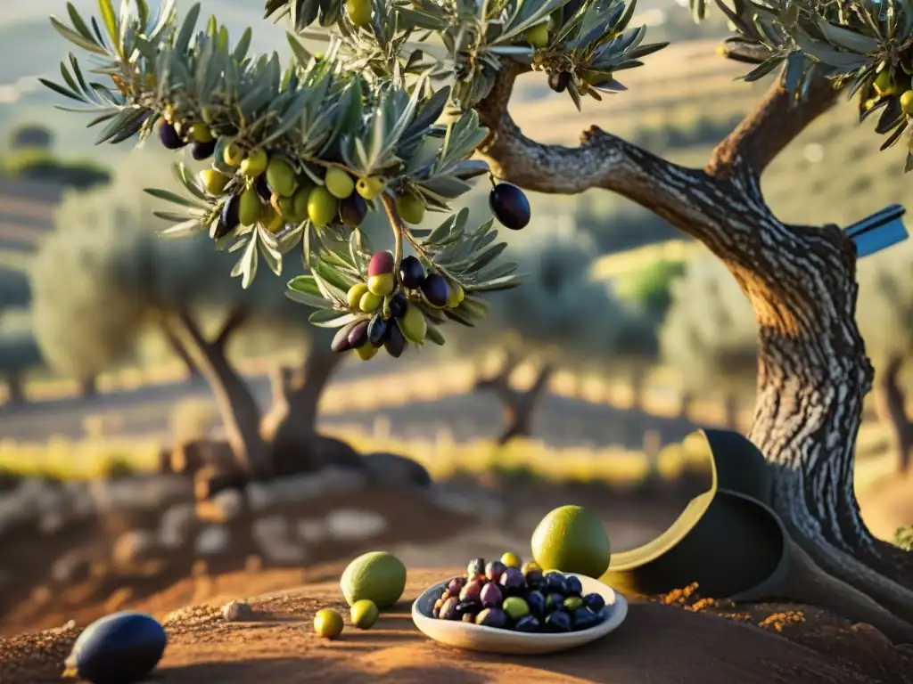 Recolecta artesanal de aceitunas al atardecer en campo español