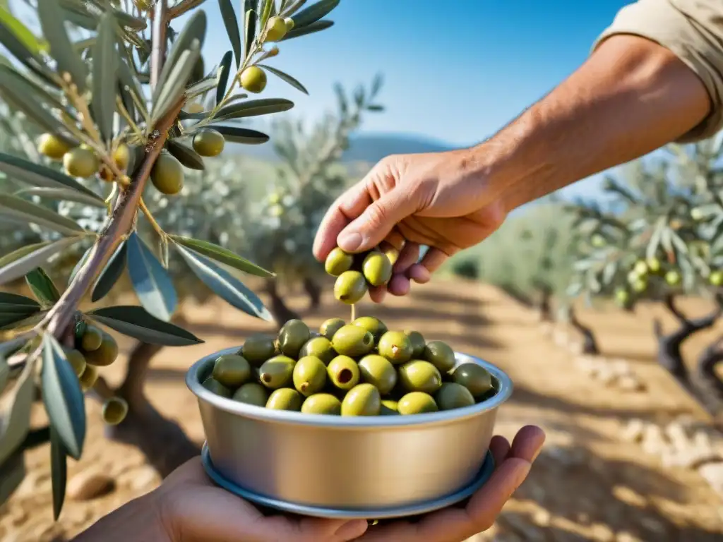 Recolección artesanal de aceitunas en un olivar mediterráneo, destacando las diferencias entre aceite de oliva