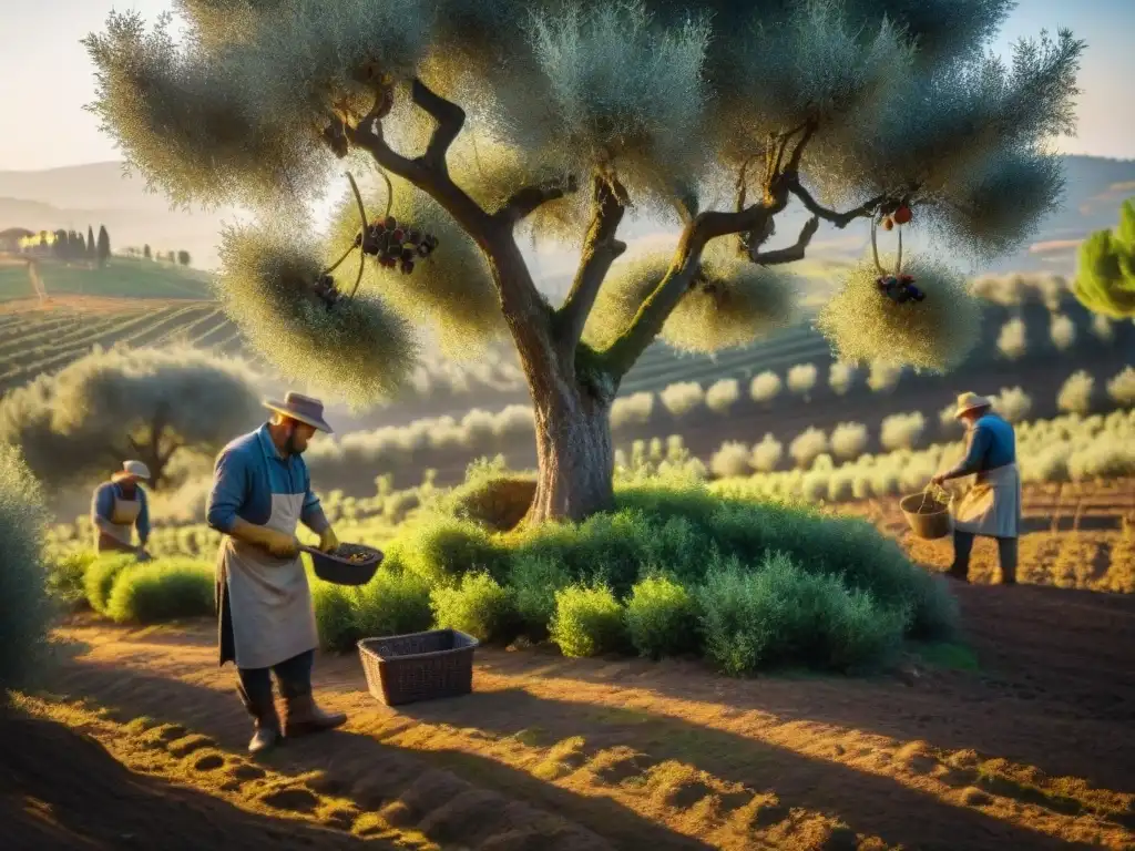 Recolección artesanal de aceitunas en Toscana al amanecer para producir aceite de oliva premium italiano