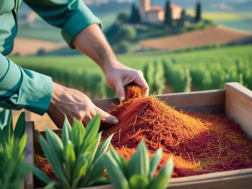 Recolección artesanal de Azafrán San Gimignano DOP en campos italianos, evocando excelencia culinaria