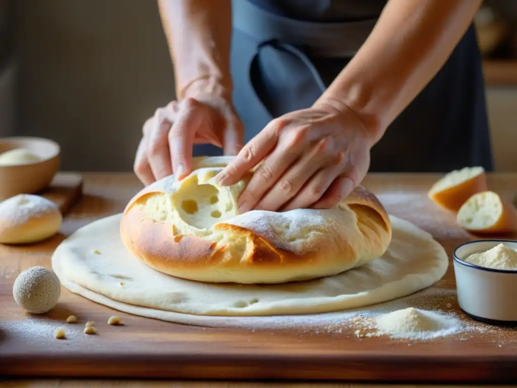 Preparación artesanal de focaccia: manos amasan la masa con cuidado en una superficie de madera, iluminadas por la luz del sol