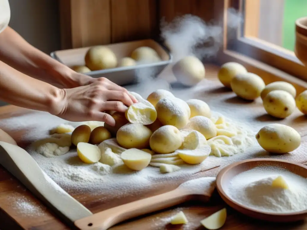 Preparación artesanal de gnocchi caseros de patata en una rústica mesa de cocina de madera