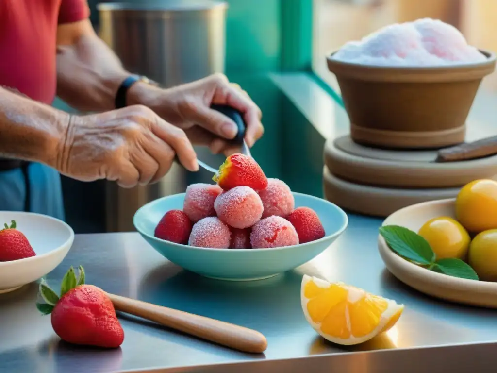 Preparación artesanal de granita siciliana en gelatería tradicional