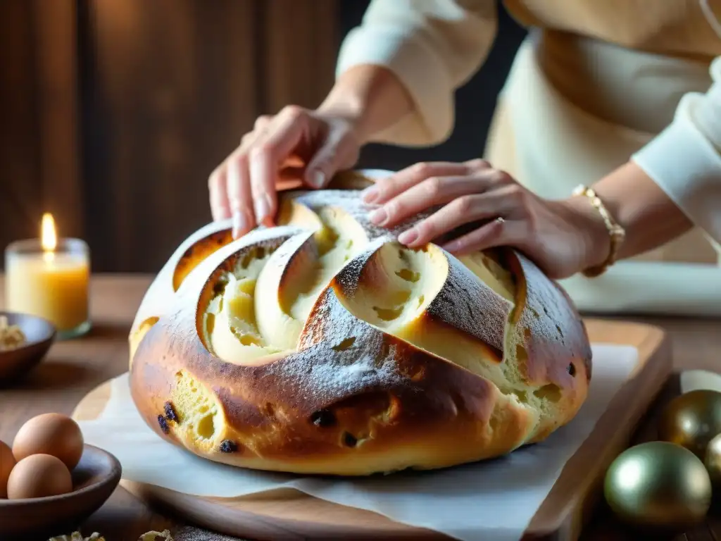 Preparación artesanal de panettone casero fácil, manos amasando masa sobre encimera de madera vintage