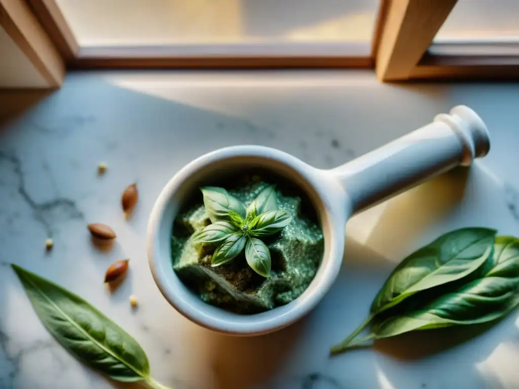 Preparación artesanal de pesto genovés con ingredientes frescos y mármol envejecido