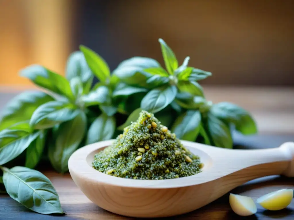 Preparación artesanal de pesto genovés con ingredientes frescos en cocina rústica