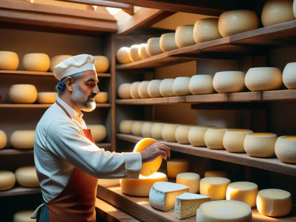 Producción artesanal de quesos italianos en un taller tradicional, con maestro quesero moldeando un pecorino a mano